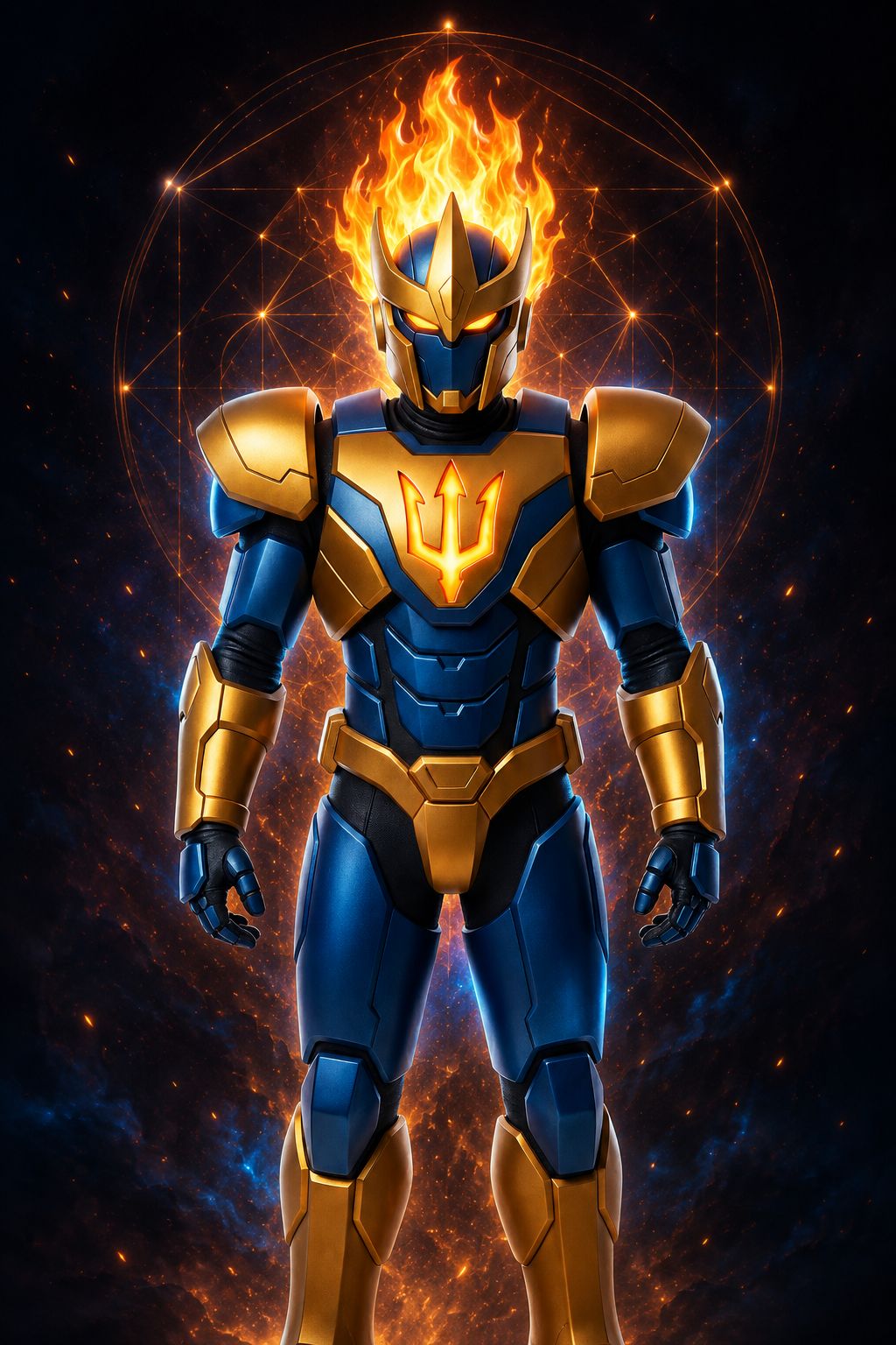 Elijah Blaze in blue-and-gold living guardian armor, crowned by flame
